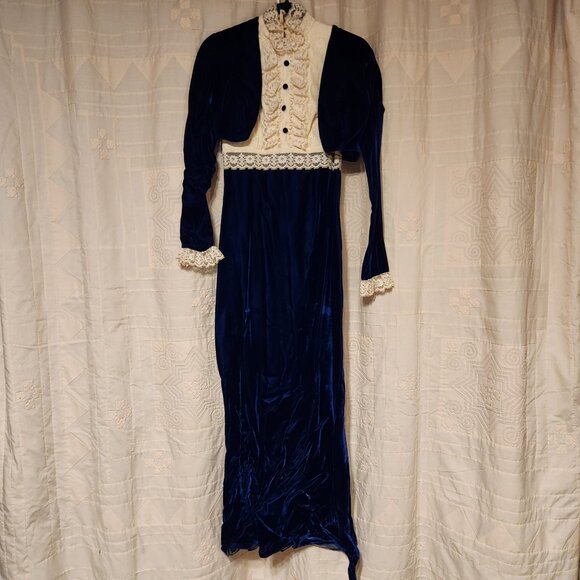🕯️ Vtg 60s Blue Velvet Lace 2pc Gown & Jacket Set 10 🕯️ - Picture 2 of 11